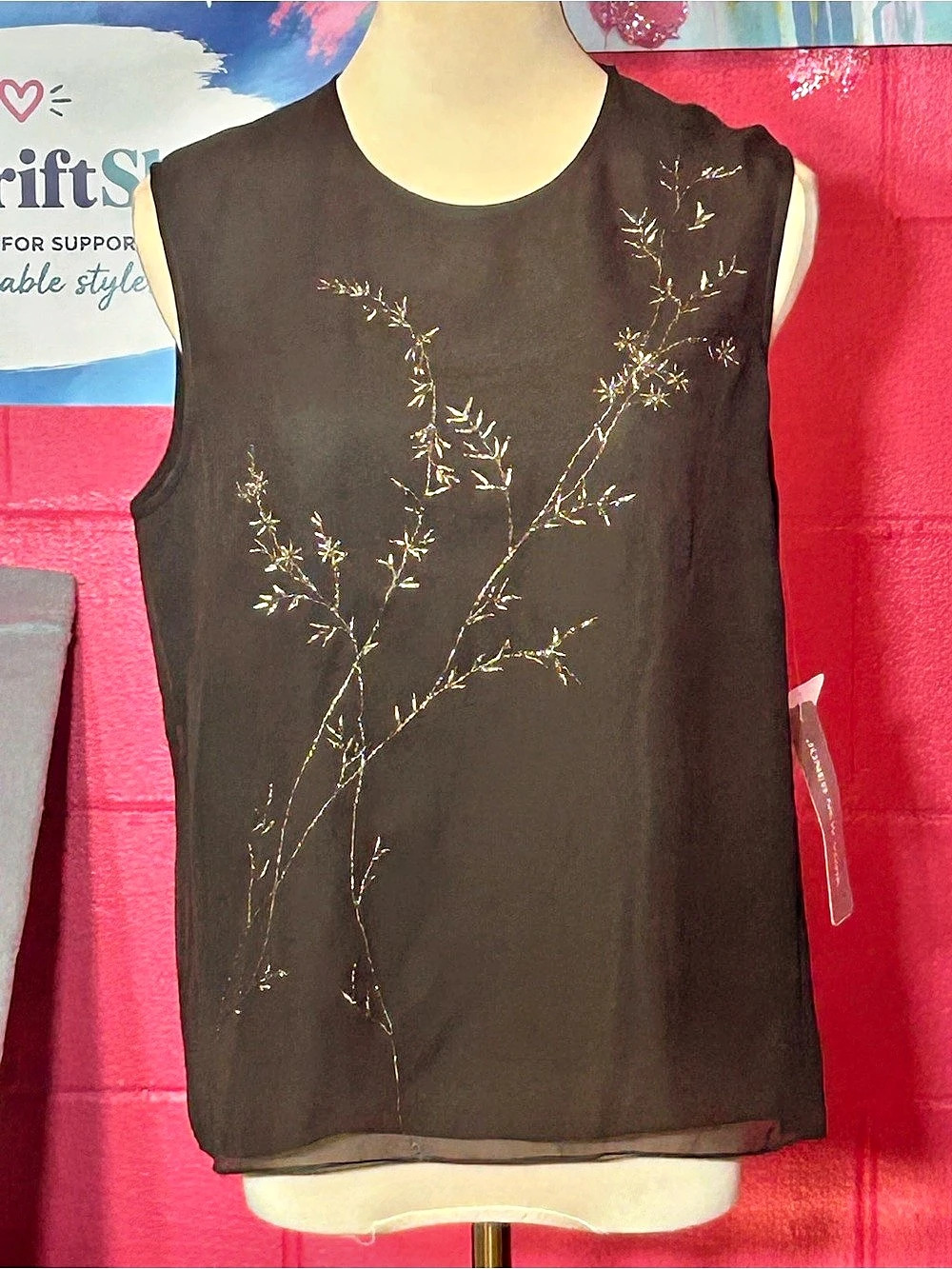Jones New York Sleeveless Embroidered Silk Blend Green Size 14 NWT